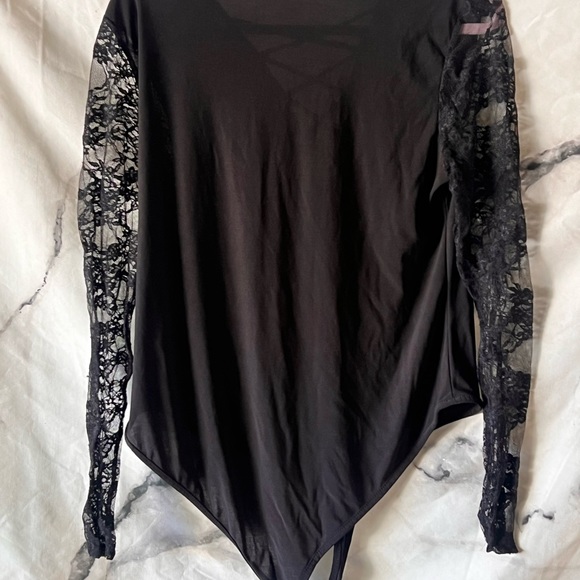 Black Leotard with Lace Sleeves and Lace up Front - Picture 3 of 4